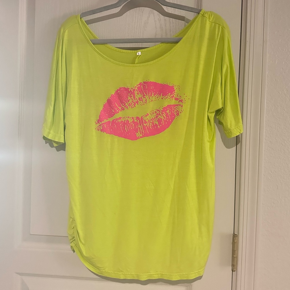80’s neon, off the shoulder top.